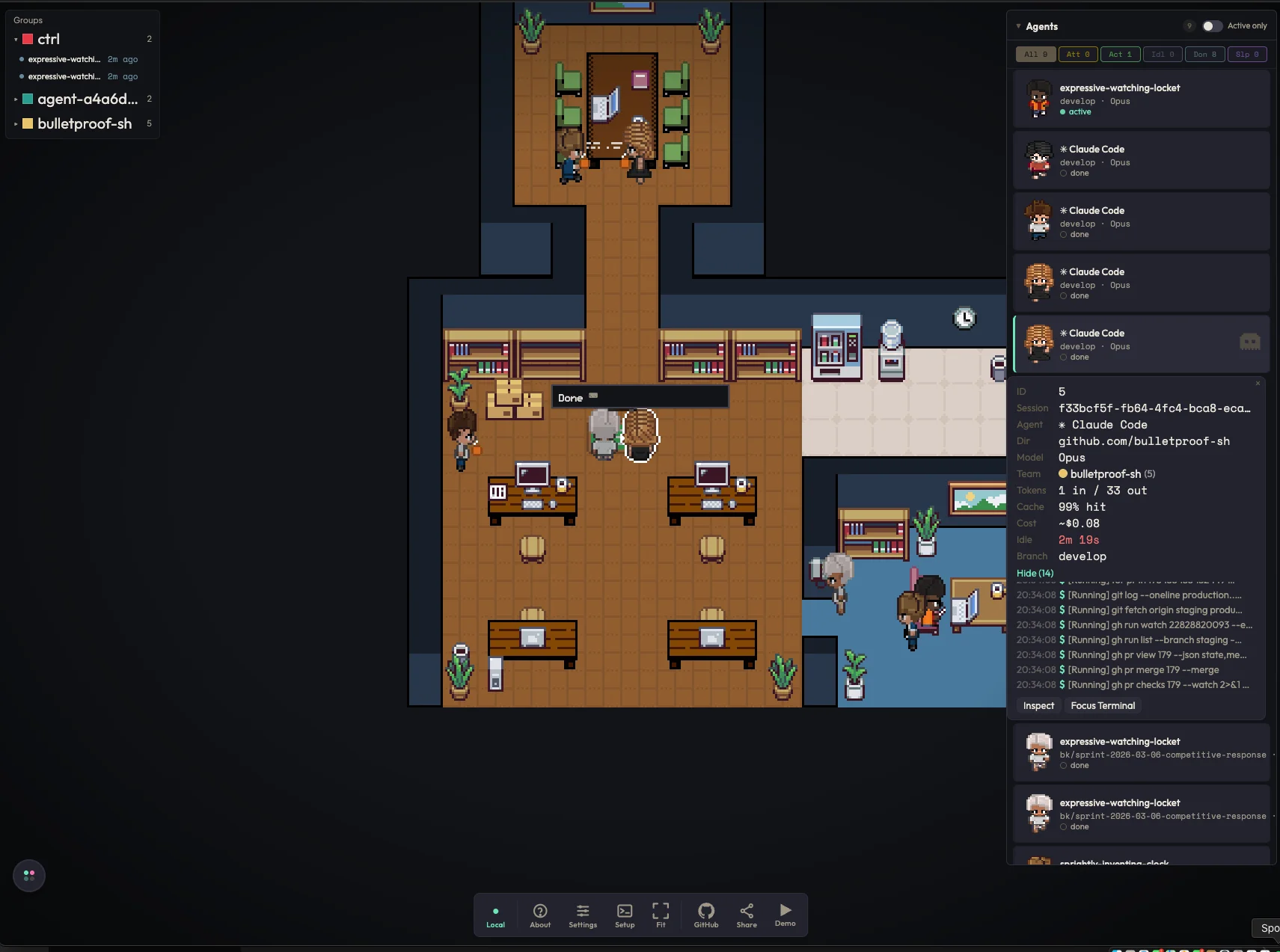Demo of Ctrl showing pixel agents — AI coding agents working in a pixel art office