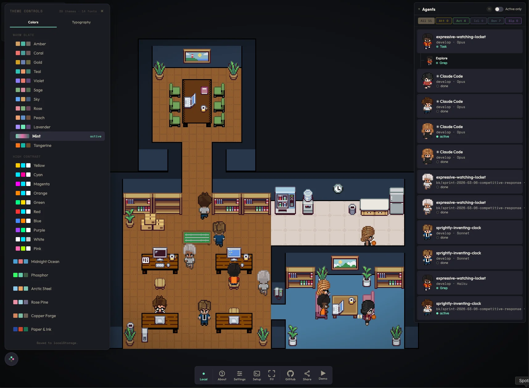 Theme controls panel showing 30 color themes with Mint theme active